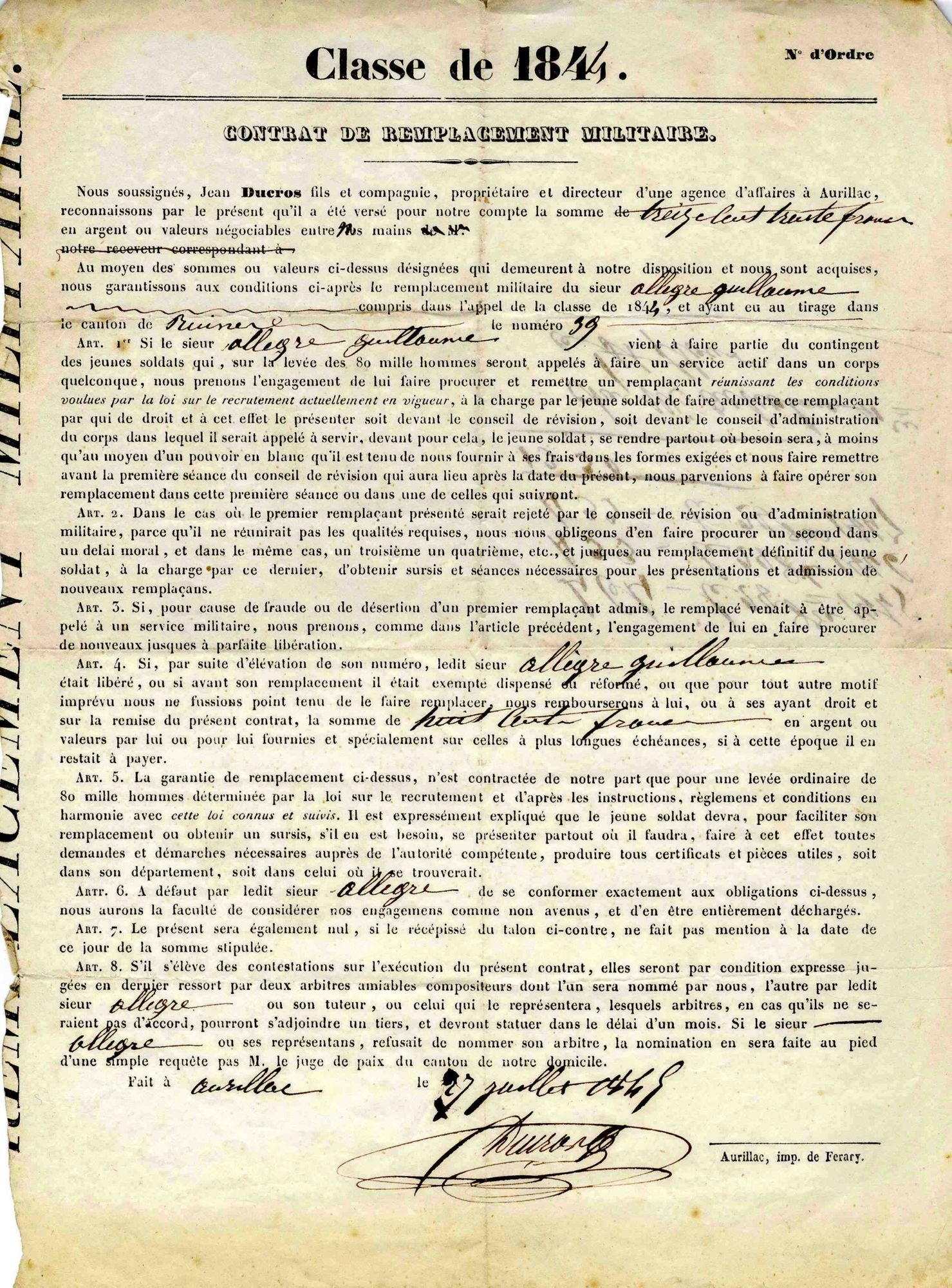 Contrat de remplacement militaire de G. Allegre par J. Ducros en 1844 - 1330 frs