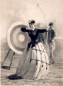Illustration eau-forte : une anglaise tirant à l'arc en 1867